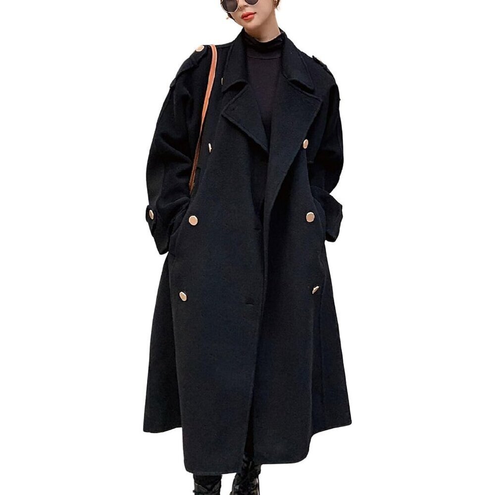 🆕Women's Black Winter Double Breasted Midi Wool  Coat Notch Lapel Winter Trench